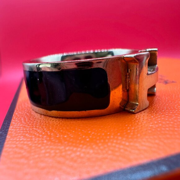 Hermes Black Enamel Gold Tone Clic Clac H Band Ring Size 8 1/4 - Picture 7 of 13
